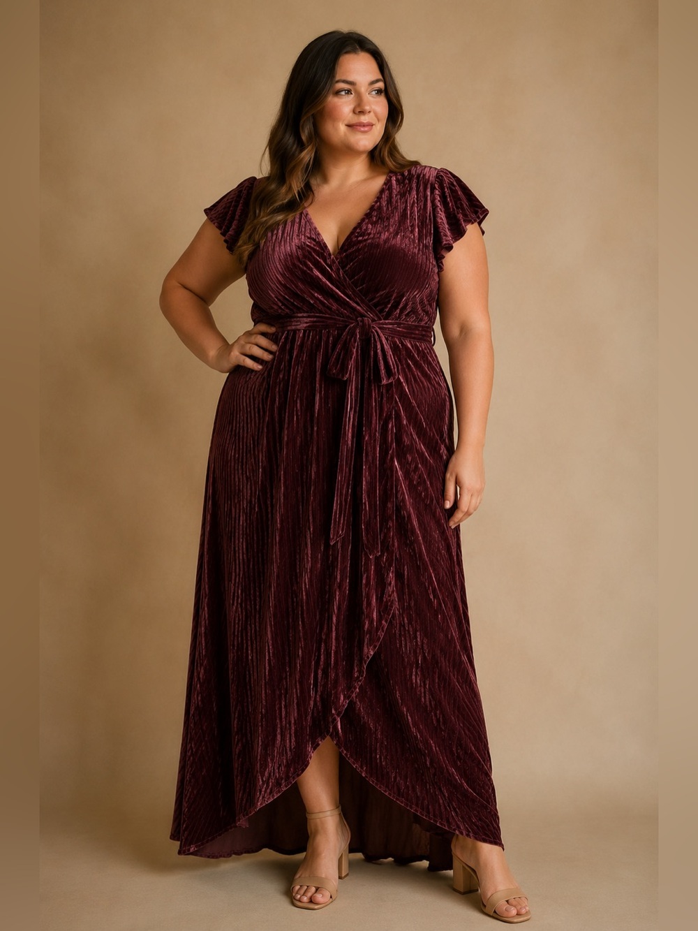 Baltic Born XL Burgundy Velvet Wrap Maxi Dress Flutter Sleeve Wedding Formal